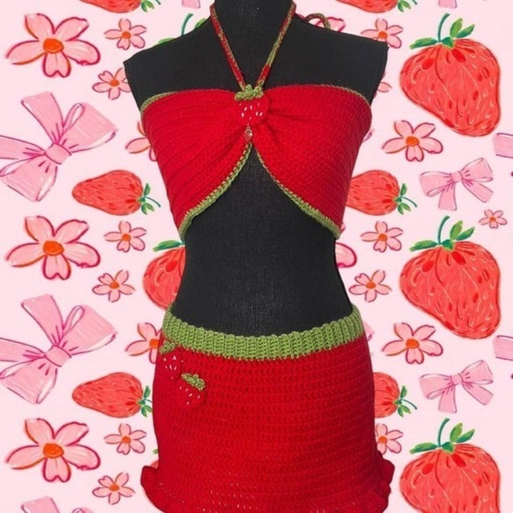 crocheted strawberry mini skirt and halter top set size small
